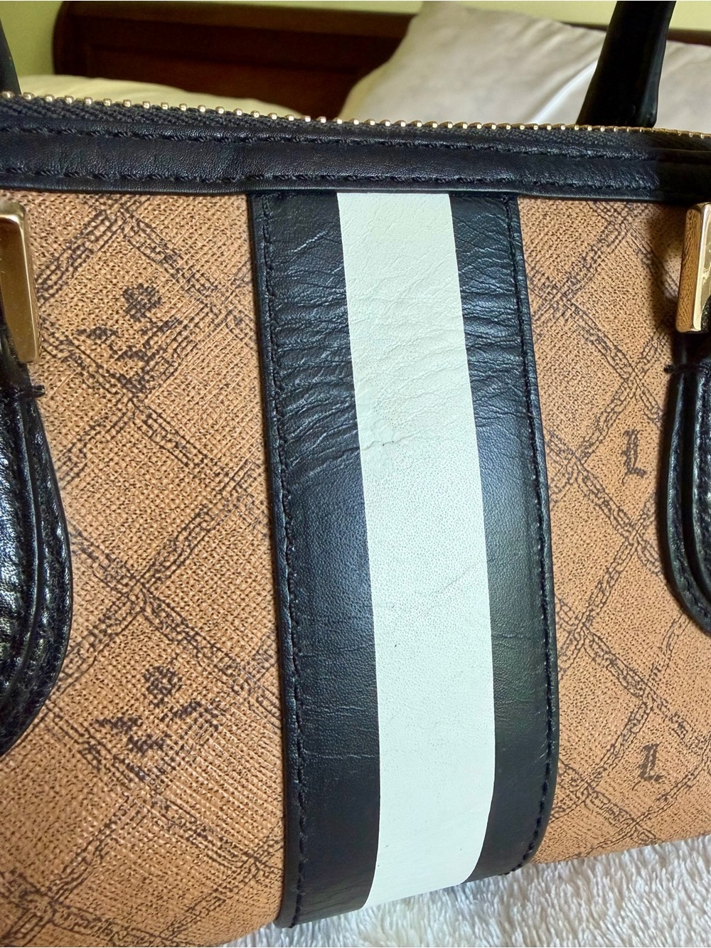 L.A.M.B. Tan Satchel with Black and White Stripe and Wristlet - Picture 3 of 4